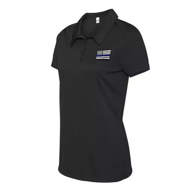 Thin Blue Line Women's American Flag Polyester Short Sleeve Polo, Black