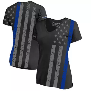 Thin Blue Line Women's Distressed American Flag Dry Wicking V-Neck Athletic T-Shirt