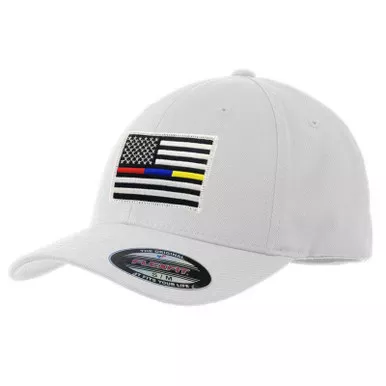 Thin Red/Blue/Gold Line FlexFit Flag Hat, White