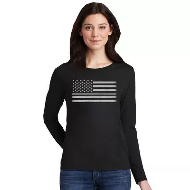 Thin Silver Line Women's Classic Flag Long Sleeve Shirt, Black