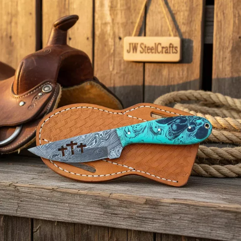 Three Crosses Cutout Skinner Knife with Teal Resin Handle
