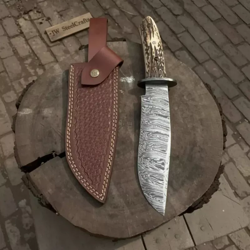 Timberhorn Bowie BladeHandmade 8 Clip Point Hunting Blade with Stag Handle & Leather Sheath