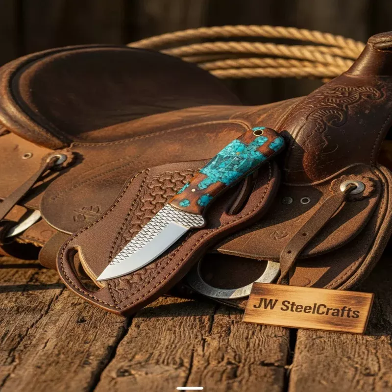 Turquoise Cowboy Skinner with Rasp Steel Blade and Crossdraw Sheath