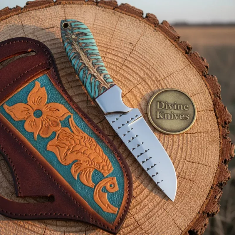 Turquoise Handle EDC Knife with Damascus BladeHandcrafted Southwestern Pocket Skinner with Sheath
