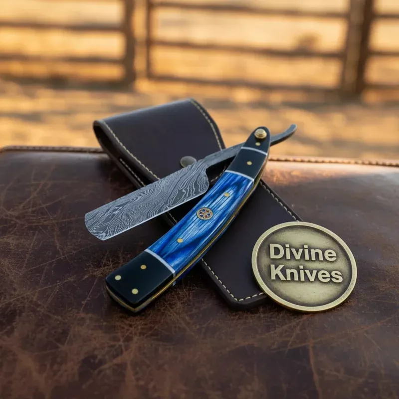 Twisted Damascus Straight Razor with Blue & Black HandleHandcrafted Cut-Throat Razor with 4-Inch Edge