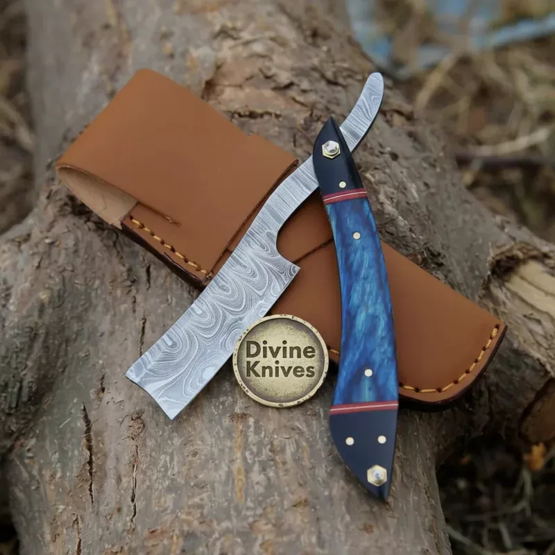 Twisted Damascus Straight Razor with Blue & Black Resin HandleHandcrafted Cut-Throat Razor