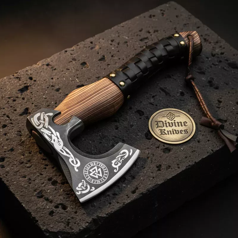 Valknut Viking AxeHand-Forged Hatchet with Leather-Wrapped Handle