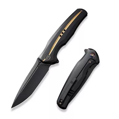 We Knife WE01J-1 601X Flipper Folding Knife 3.82" 20CV Drop Point Plain Edge Blade, Black/Gold Titanium Handle
