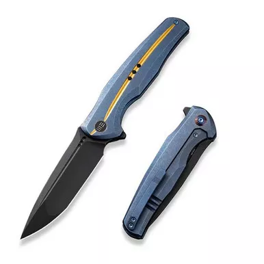 We Knife WE01J-3 601X Flipper Folding Knife 3.82" 20CV Drop Point Plain Edge Blade, Blue/Gold Titanium Handle