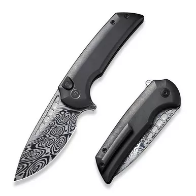We Knife WE054BL-DS1 Mini Malice Flipper Folding Knife 2.98" Damasteel Drop Point Plain Edge Blade, Black Titanium Handle