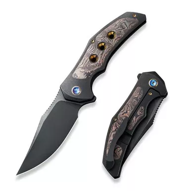 We Knife WE18058-3 Magnetron Flipper Folding Knife 3.76" 20CV Clip Point Plain Edge Blade, Black Titanium/Copper Carbon Fiber Handle