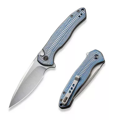 We Knife WE19002M-3 Button Lock Kitefin Flipper Folding Knife 3.22" 20CV Drop Point Plain Edge Blade, Blue/Gray Titanium Handle