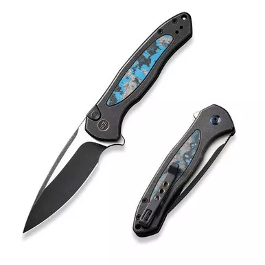 We Knife WE19002N-1 Button Lock Kitefin Flipper Folding Knife 3.22" 20CV Drop Point Plain Edge Blade, Black Titanium/Arctic Storm Fat Carbon Fiber Handle
