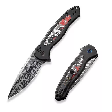 We Knife WE19002N-DS1 Button Lock Kitefin Flipper Folding Knife 3.22" Damasteel Drop Point Plain Edge Blade, Black Titanium/Nebula Fat Carbon Fiber Handle