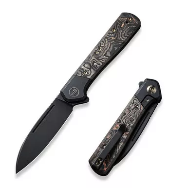 We Knife WE20050-2 Soothsayer Flipper Folding Knife 3.48" 20CV Drop Point Plain Edge Blade, Titanium/Copper Foil Carbon Fiber Handle