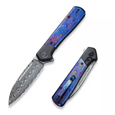 We Knife WE20050-DS1 Soothsayer Flipper Folding Knife 3.48" Damasteel Drop Point Plain Edge Blade, Titanium/Timascus Handle