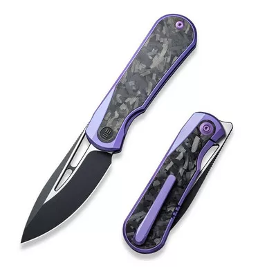 We Knife WE21033-3 Baloo Front Flipper Folding Knife 3.31" 20CV Drop Point Plain Edge Blade, Purple Titanium/Shredded Carbon Fiber Handle