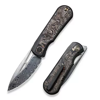 We Knife WE21033-DS1 Baloo Front Flipper Folding Knife 3.31" Damasteel Drop Point Plain Edge Blade, Black Titanium/Copper Foil Carbon Fiber Inlay Handle