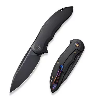 We Knife WE21048-1 Makani Flipper Folding Knife 3.61" 20CV Drop Point Plain Edge Blade, Black Titanium Handle