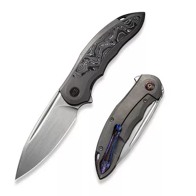 We Knife WE21048B-2 Makani Flipper Folding Knife 3.61" 20CV Drop Point Plain Edge Blade, Gray Titanium/Aluminum Foil Carbon Fiber Inlay Handle