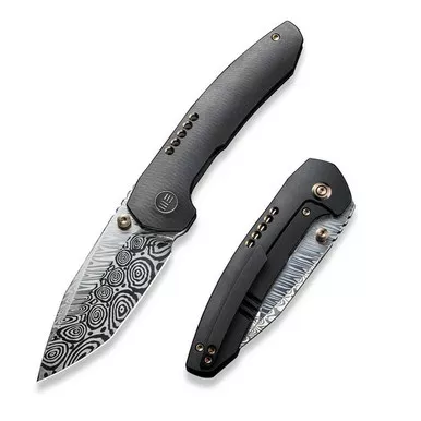 We Knife WE22002B-DS1 Trogon Thumb Stud Folding Knife 3.20" Damasteel Spear Point Plain Edge Blade, Black Titanium Handle