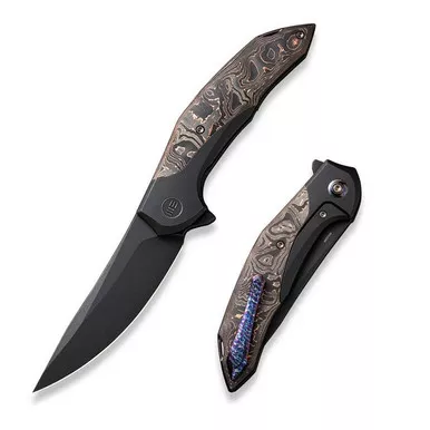 We Knife WE22008B-1 Merata Flipper Folding Knife 3.68" 20CV Trailing Point Plain Edge Blade, Black Titanium/Copper Foil Carbon Fiber Handle