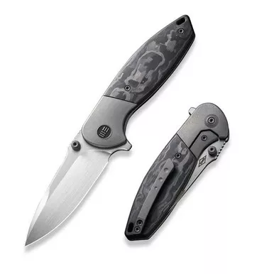 We Knife WE22015-1 Nitro Mini Flipper Folding Knife 3.13" 20CV Drop Point Plain Edge Blade, Gray Titanium/Marble Carbon Fiber Inlay Handle