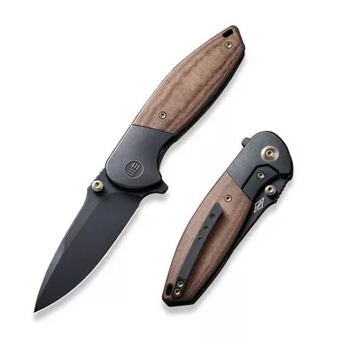 We Knife WE22015-4 Nitro Mini Flipper Folding Knife 3.13" 20CV Drop Point Plain Edge Blade, Black Titanium/Brown Linen Micarta Inlay Handle