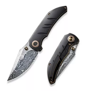 We Knife WE22020B-DS1 Riff-Raff Thumb Stud Folding Knife 3.12" Damasteel Clip Point Plain Edge Blade, Bronze/Black Titanium Handle