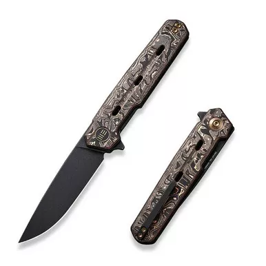 We Knife WE22026-5 Navo Flipper Folding Knife 3.25" 20CV Drop Point Plain Edge Blade, Black Titanium/Copper Foil Carbon Fiber Handle