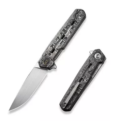 We Knife WE22026-6 Navo Flipper Folding Knife 3.25" 20CV Drop Point Plain Edge Blade, Gray Titanium/Aluminum Foil Carbon Fiber Handle