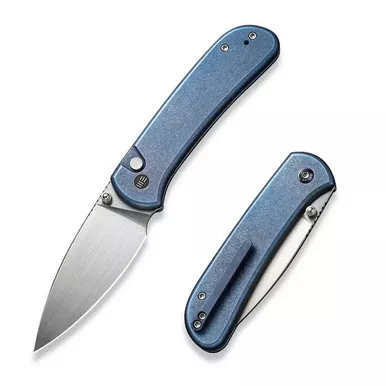 We Knife WE22030F-3 Qubit Thumb Stud Folding Knife 3.20" 20CV Drop Point Plain Edge Blade, Blue Titanium Handle