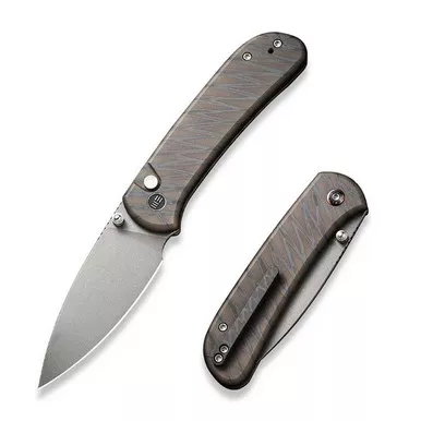 We Knife WE22030F-4 Qubit Thumb Stud Folding Knife 3.20" 20CV Drop Point Plain Edge Blade, Tiger Stripe Flamed Titanium Handle