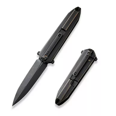 We Knife WE22032-1 Diatomic Flipper Folding Knife 3.78" 20CV Dagger Plain Edge Blade, Black/Bronze Titanium Handle