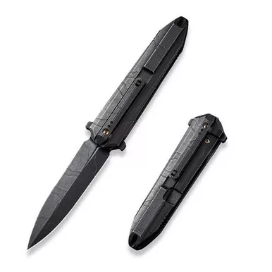 We Knife WE22032-4 Diatomic Flipper Folding Knife 3.78" 20CV Dagger Plain Edge Blade, Black Titanium/Etched Pattern Handle