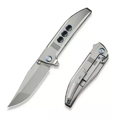 We Knife WE22041-2 Ezinta Flipper Folding Knife 3.99" M390 Clip Point Plain Edge Blade, Polished/Blue Titanium Handle