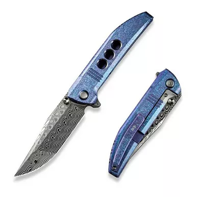 We Knife WE22041-DS1 Ezinta Flipper Folding Knife 3.99" Damasteel Clip Point Plain Edge Blade, Crystalized Blue/Purple Titanium Handle