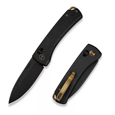 We Knife WE22046-1 Nightblade Crossbar Lock Folding Knife 2.98" 20CV Drop Point Plain Edge Blade, Black/Gold Titanium Handle