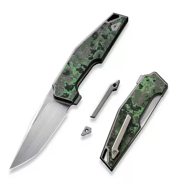 We Knife WE23001-3 OAO (One and Only) Flipper Folding Knife 3.40" 20CV Clip Point Plain Edge Blade, Gray Titanium/Jungle Wear Fat Carbon Fiber Inlay Handle