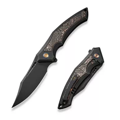 We Knife WE23009-3 Orpheus Flipper Folding Knife 3.48" 20CV Clip Point Plain Edge Blade, Black Titanium/Copper Foil Carbon Fiber Inlay Handle