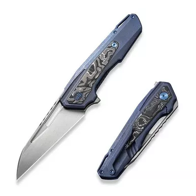 We Knife WE23012B-3 Falcaria Flipper Folding Knife 3.64" 20CV Wharncliffe Plain Edge Blade, Blue Titanium/Aluminum Foil Carbon Fiber Inlay Handle