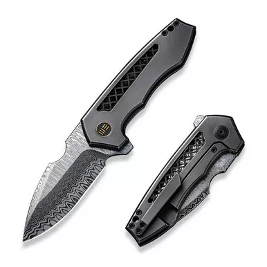 We Knife WE23019-DS1 Harpen Flipper Folding Knife 2.98" Damasteel Modified Drop Point Plain Edge Blade, Polished Gray Titanium Handle