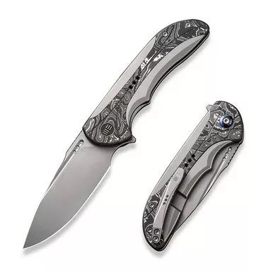 We Knife WE23020-1 Equivik Flipper Folding Knife 3.48" 20CV Drop Point Plain Edge Blade, Gray Titanium/Aluminum Foil Carbon Fiber Inlay Handle