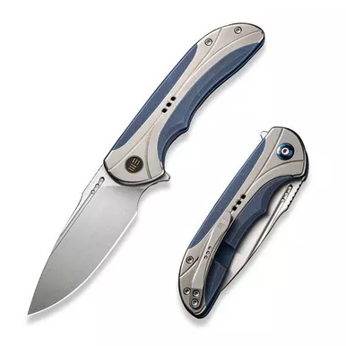 We Knife WE23020-3 Equivik Flipper Folding Knife 3.48" 20CV Drop Point Plain Edge Blade, Blue/Polished Titanium Handle
