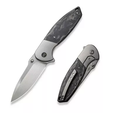 We Knife WE23035-1 Nitro OG Flipper Folding Knife 3.75" 20CV Drop Point Plain Edge Blade, Gray Titanium/Marble Carbon Fiber Inlay Handle
