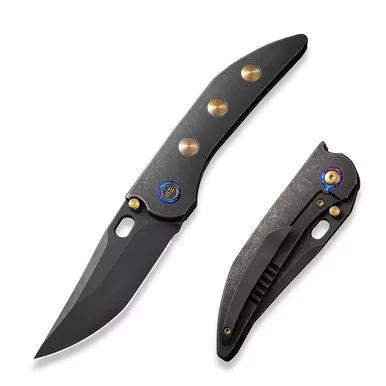 We Knife WE23037-1 Attor Thumb Stud Folding Knife 3.55" 20CV Modified Persian Plain Edge Blade, Black/Gold Titanium Handle