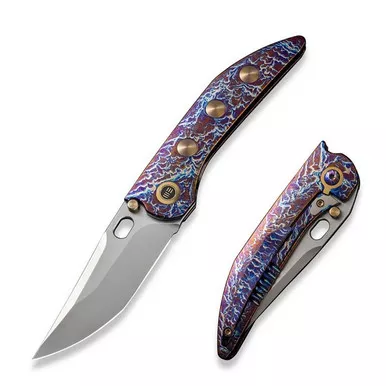 We Knife WE23037-2 Attor Thumb Stud Folding Knife 3.55" 20CV Modified Persian Plain Edge Blade, Flamed/Gold Titanium Handle