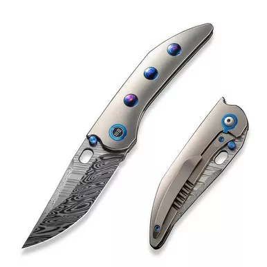 We Knife WE23037-DS1 Attor Thumb Stud Folding Knife 3.55" Damasteel Modified Persian Plain Edge Blade, Polished/Flamed Titanium Handle