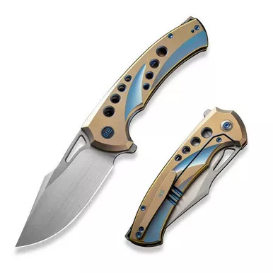 We Knife WE23051-4 Swiftfin Flipper Folding Knife 3.80" 20CV Modified Clip Point Plain Edge Blade, Gold/Blue Titanium Handle