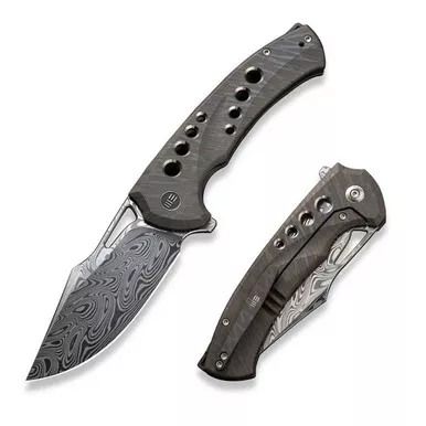 We Knife WE23051-DS1 Swiftfin Flipper Folding Knife 3.80" Damasteel Modified Clip Point Plain Edge Blade, Tiger Stripe Flamed Titanium Handle